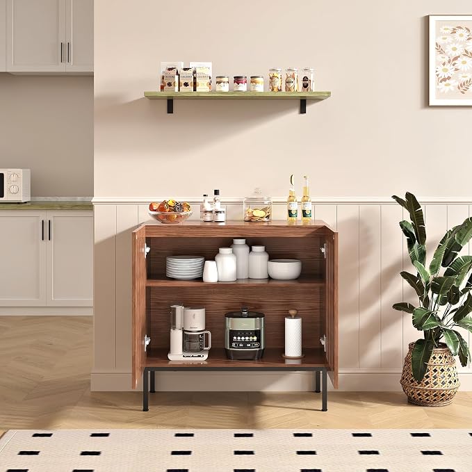 BVIUNTWO Storage Cabinet, Modern Coffee Bar with Adjustable Shelf and Metal Base, 32 Inch Wood Multifunctional Console Table for Kitchen, Living Room, Entryway, Brown