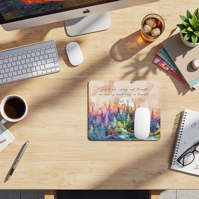 Watercolor Forest Christian Mouse Pad, Psalm 46:1Bible Verse Mouse Pads Mousepad for Desk Home Office Dorm Computers Laptop, Religious Office Supplies Desk Accessories, 9.5x7.9 Inch