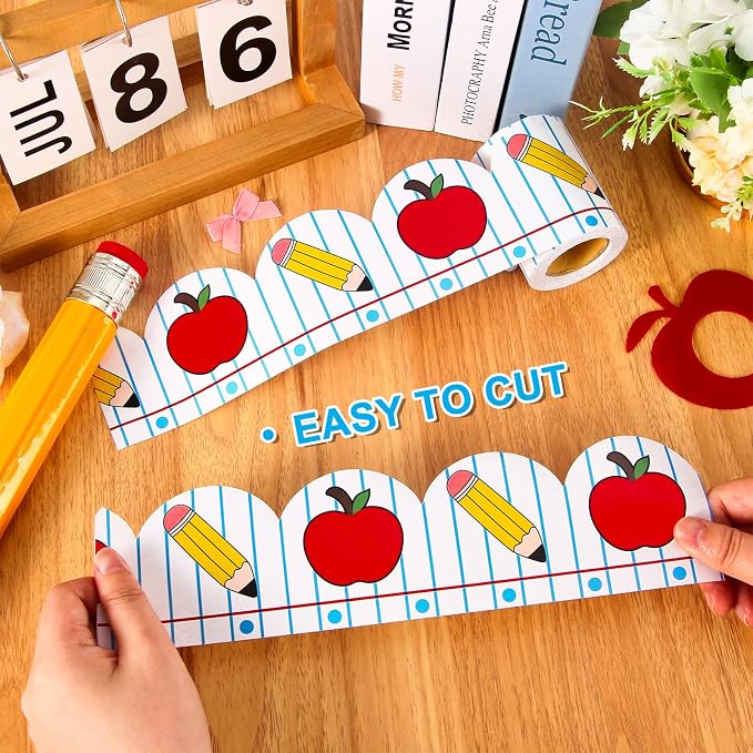 Whaline 32.8 Ft Apples Pencil Bulletin Board Border Back to School Decor | Notebook Border Trim, Self Adhesive Bulletin Board Stickers Roll, for Classroom Office Party Wall Decor