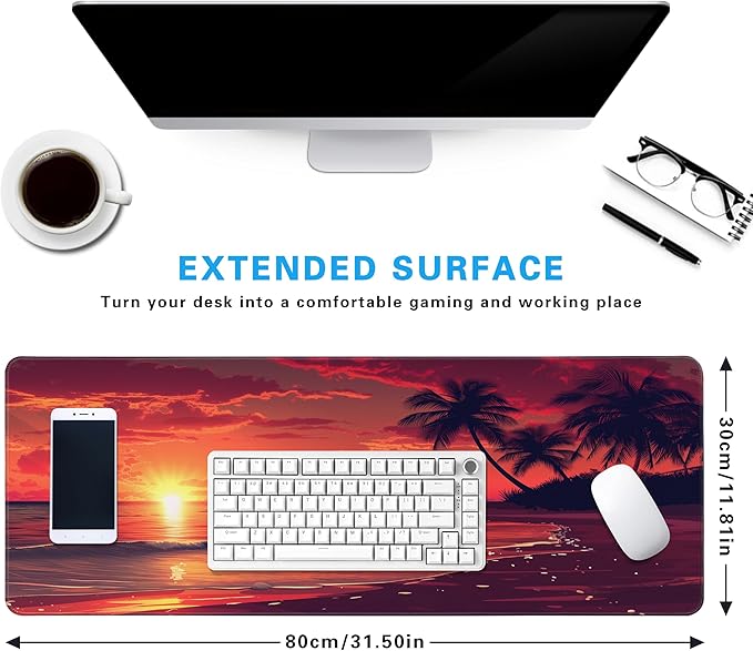Sunset Beach Mouse pad with Tropical Ocean Landscape and Non-Slip Rubber Base Design for Personalized Office Desktop Decoration Accessories 31.5 x 11.8 in