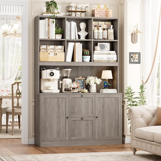 72'' Tall File Bookcase with Outlet & Printer Stand, 2 Filing Drawers | Bookshelf with Door & 2 Adjustable Drawers for Letter/A4 Hanging File, Wood File Cabinets For Home Office Storage, Ash Grey