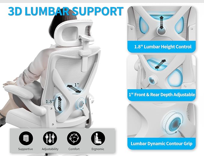 Ergonomic Office Chair: Mesh Desk Chair Comfy with Headrest& Lumbar Support | Ergalithic Big and Tall Office Chairs with Wheels & Flip-Up Arms-Computer Gaming Chairs for Adults Home Office Chairs(White)