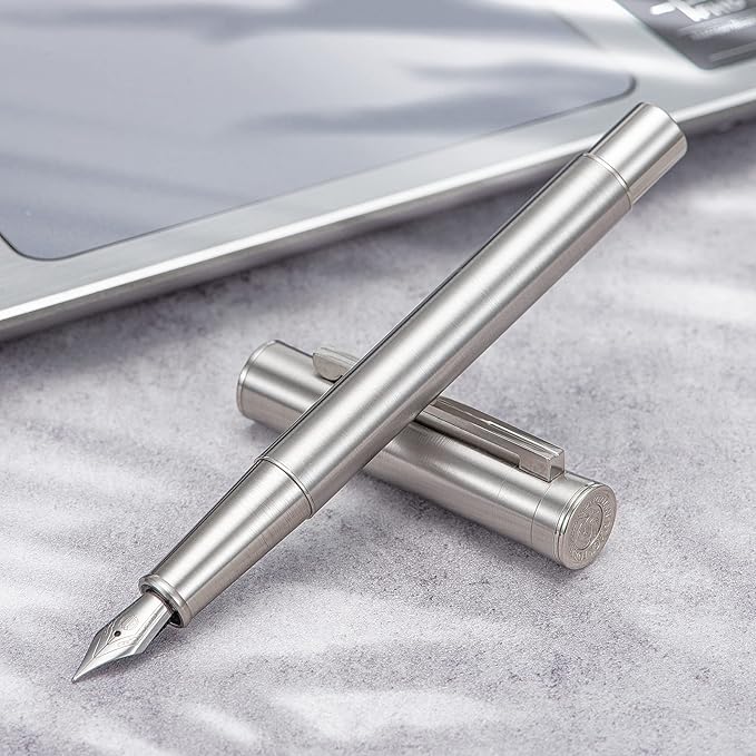 Hongdian 1861 Stainless Steel Fountain Pen Bent Nib, Classic Design Smooth Writing Pen with Converter and Metal Pen Case Set