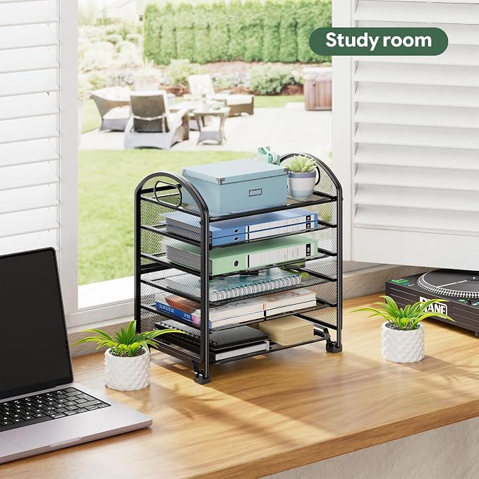Simple Trending 6-Tier Desk File Organizer, Paper Organizer for Desk, Black | Letter Tray Holder with Handle. Sturdy Metal Frame. Non-slip Feet. Black for Office Home School. 13.1"L x 8.8"W x 14.3"H