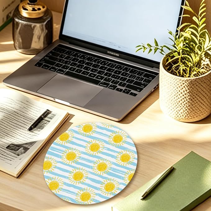 Ocean Beach Sunshine Blue and Yellow Round Mouse Pad 7.9x7.9in | Beach Desk Decor,Minimalist Sun Coastal Nautical Mousepad Mouse Mat for Computer Laptop Home Office Dorm Desk Accessories