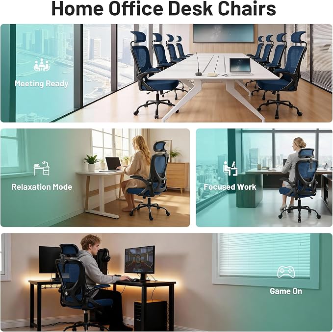 Office Chair - Ergonomic Desk Chair Breathable Mesh Chair with 2D Headrest & Adjustable Lumbar Support - Executive High Back Rolling Swivel Computer Gaming Chair with Wheels Flip-up Armrests