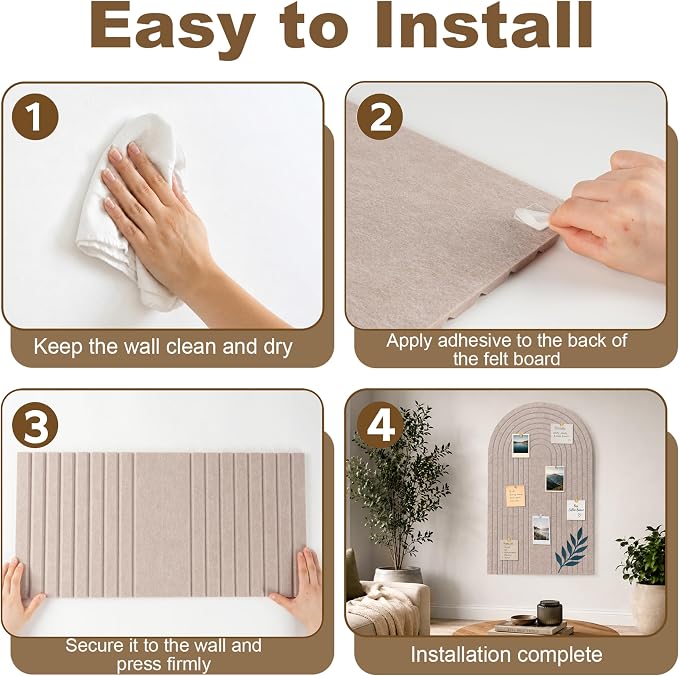 Large Arched Felt Bulletin Board, Stylish Sized 36" x 24" Cork Board Alternative with Grooved Pin Board for Office & Wall, 3 Foldable Customizable Adhesive Tiles with Pins for Photo Display, Camel