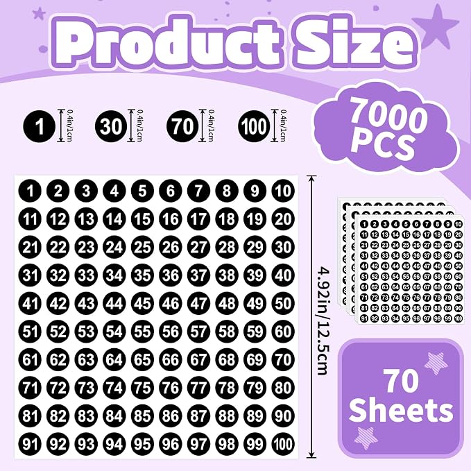 7000Pcs Number Stickers Small 1 to 100 Round Numbered Stickers,Black | 0.4 Inch Self Adhesive,Consecutive Labels Stickers,for Storage Organizing,Inventory,Office,Home,Indoor Outdoor