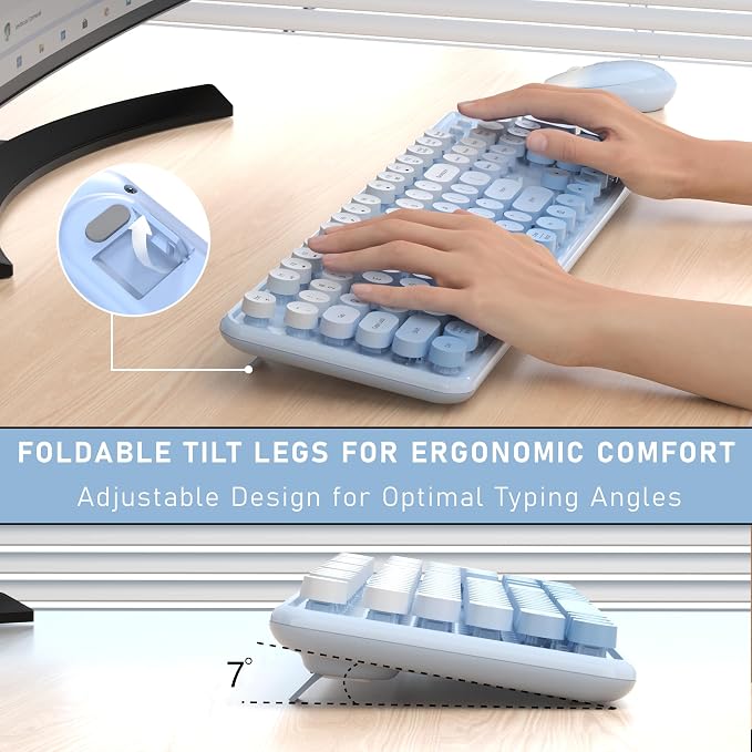 Links9+ Colorful Wireless Keyboard and Mouse Combo (Blue Gradient) | Full-Size Retro Typewriter Style Keyboard with Vintage Round Keycaps, 2.4G Wireless Set for Windows, Mac, Laptop, PC, Tablet