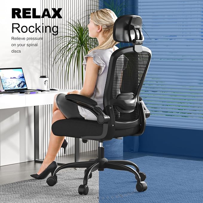 Mimoglad Office Chair, High Back Ergonomic Desk Chair with Adjustable Lumbar Support and Headrest, with flip-up Armrests for Guitar Playing, 5 Years Warranty (Modern, Black(Black Frame))