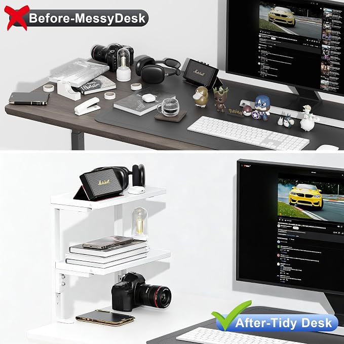 Spacrea Clamp on Desk Shelf, 2 Tier Office Desk Shelves Organizer, Wood Desktop Supplies Storage Rack, Desk Organizers and Accessories (White)