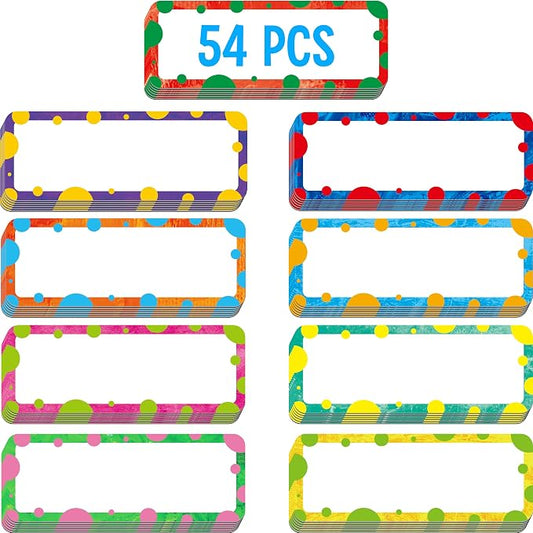 Magnetic Colorful Labels, 54 PCS Dry Erase Reusable Neon Name Tag Stickers Color Dots Frame in 9 Designs for Whiteboards Locker Fridge School Office Home (Each Measures 3.2" x 1.2")