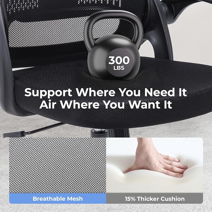 amseatec Mesh Office Chair, Ergonomic Home Office Chair with Flip-Up Arms | Breathable Mesh Back & 3" cushion. BIFMA Certified. 90-110° Rocking. Supports 300 lbs.