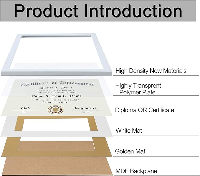 ELSKER&HOME 8.5x11 Certificate Frame - Classic White Color Frame - Displays Diploma 8.5x11 Inch with Mat - 11x14 Inch Without Mat - For Document/Photo (2 Pack, Matte White with Gold Rim)