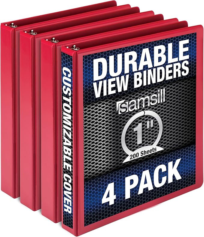 Samsill 4 Pack Durable 1 Inch 3 Ring Binders, Round Ring, Clear View Cover for Presentations, Red