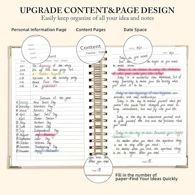 Spiral Notebook Journal, 328 Pages Linen Hardcover College Ruled Notebook, Lined Thick Journals for Women Men, A5 Thick Spiral Journal for Writing, 100GSM Paper, Cute Notebooks for Work School
