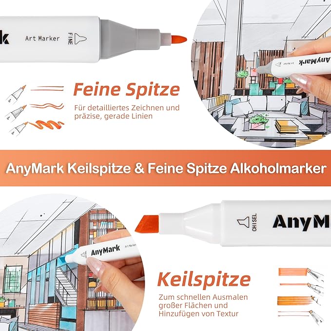 AnyMark Alcohol Markers, 168 Colors Dual Tip Art Coloring Markers Set for Kids Adult Book Drawing Sketching Painting, Chisel & Fine, White Penholder