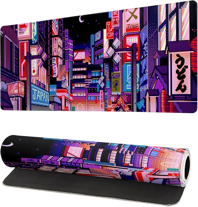Dark Purple Japanese Gaming Mouse Pad Abstract Anime Mat 27.6x11.8 Inch Tokyo Pixel Street Texture Non-Slip Rubber Base Kawaii Mousepad Stitched Edges Keyboard Desk Pad for Office and Home Game