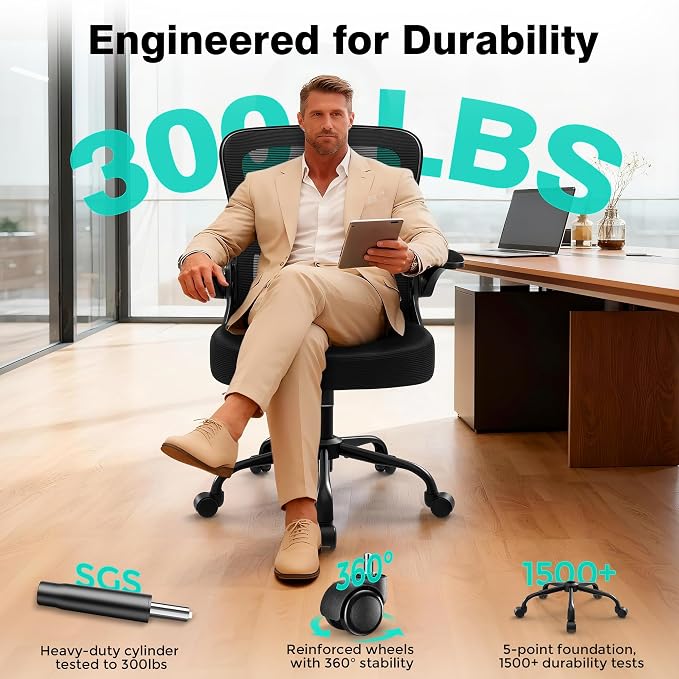 Office Chair - Ergonomic Breathable Mesh Desk Chair with Adjustable Lumbar Support and Flip-up Armrests - Executive High Back Rolling Swivel Comfortable Computer Gaming Chair for Home Office