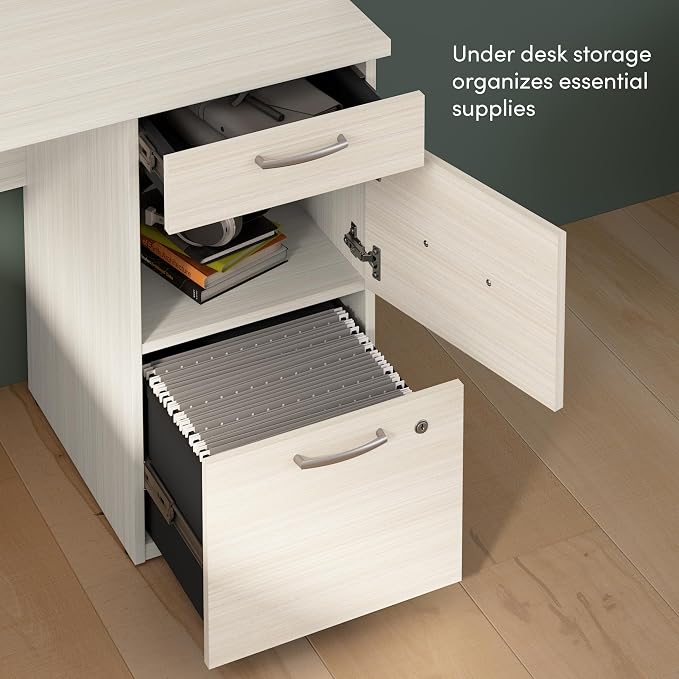Bestar U or L Shaped Desk with Hutch & Drawers, White Chocolate, Logan, 66W | With Pedestal and Hutch; The Bestar Logan U or L Shaped Desk with Drawers and Hutch offers a customizable solution