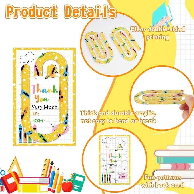 IANFEPH 24 Sets Back to School Teacher Gift Jumbo Acrylic Paper Clips | 8 Cute Paperclip Designs with Card, 4" X 2" Large Teacher Appreciation Paperclip Bookmark for Classroom Office Supplies