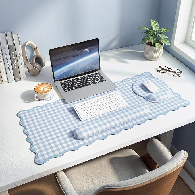Blue Gingham Desk Mat Set with Wrist Rest, Ergonomic Design, Scalloped Edge Keyboard Mouse Pad Set Large 35.4x15.7 Inch, Memory Foam Wrist Support, Non-Slip Desk Pad Home Office Decor