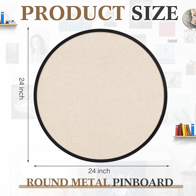 Vintage Framed Pin Board Linen Display Bulletin Board Large Ornate Fabric Picture Photo Pinboard Memo Decorative Prayer Pinboard Ornate for Wall Gift(Round,24'' X 24'',Modern Black)