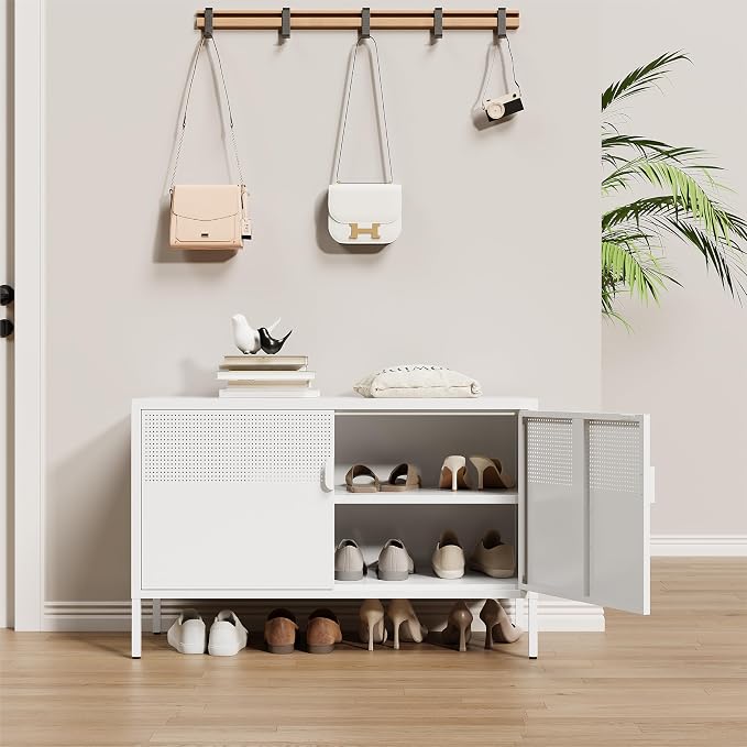 Metal Storage Cabinet,2 Door TV Stand, Metal Mesh Accent Cabinet | Magnetic Door Closure,Low Storage Cabinets with Doors and Shelf for Home,Office,Living Room