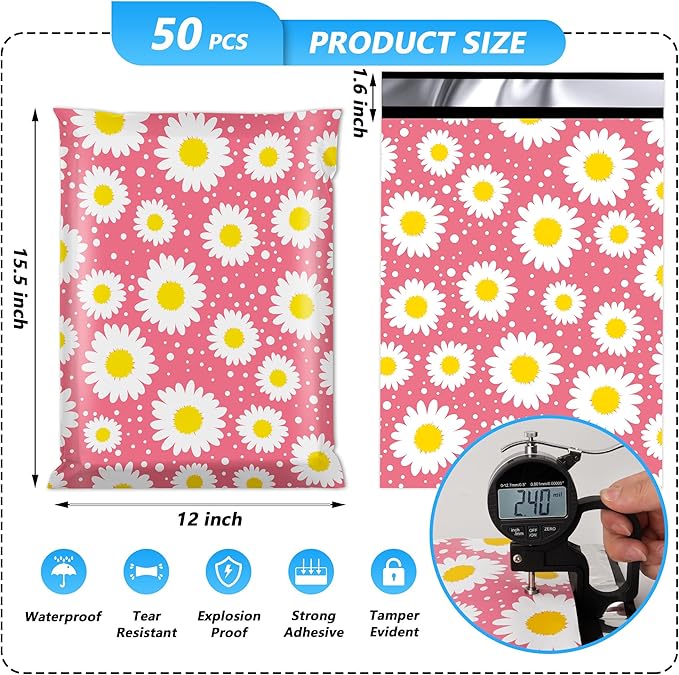 Poly Mailer 12x15.5 Inch 50 Pcs, Waterproof and Tear-Resistant Shipping Bags for Clothing, Cute Mailing Bags with Self-Seal, Daisy Printed Packaging Bags for Small Business