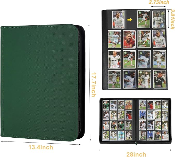 16 Pocket Ringless Side Loading Trading Card Binder, 1024 Cards PU Fixed Page Zipper Card Album for TCG Sports Game Cards, Not Fit Top Loaders (Dark Green)