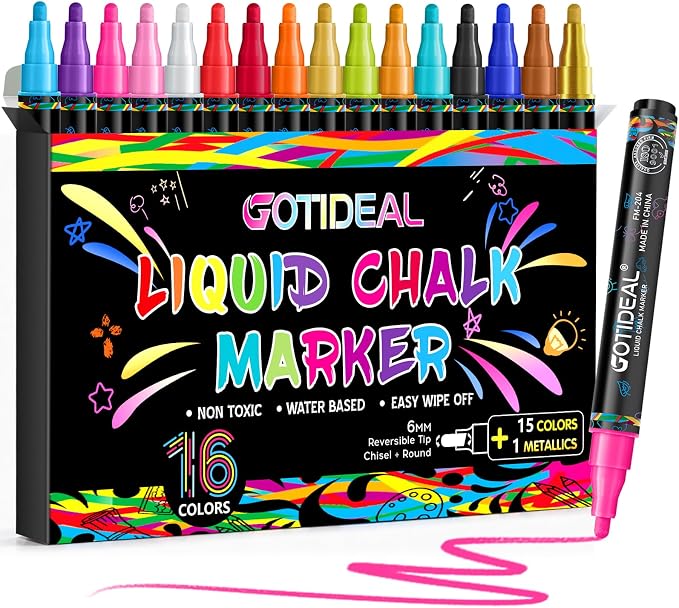 GOTIDEAL Chalk Markers,16 Colors Liquid Chalk Markers for Blackboard
