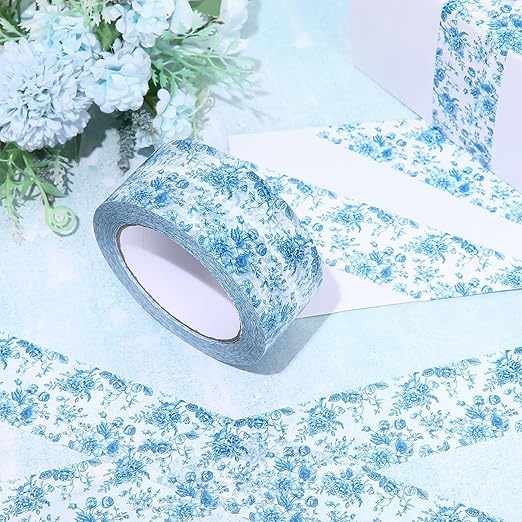 Whaline 109 Yard Blue Floral Packing Tape Chinoiserie Flower Pattern Tape Vintage Floral Waterproof Shipping Tapes for Small Business DIY Crafts Box Carton Decor