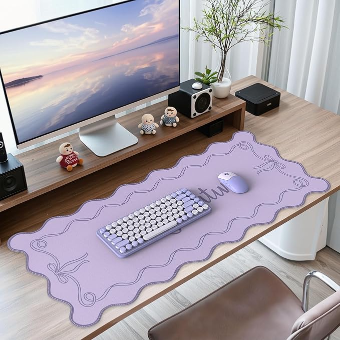 iCasso Purple Office Decor for Women, Scalloped Desk Cover Mat, Large Mouse Pad, Leather Waterproof Accessories Blotter, Non-Slip Mousepad for Organizer Office Dorm Supplies Teacher Girly