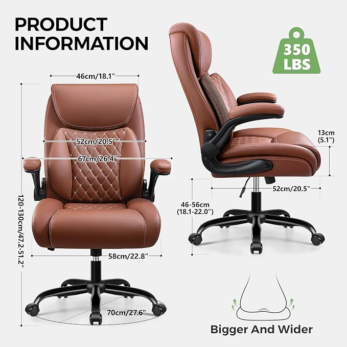 Office Chair, Ergonomic Executive Desk Chair with Lumbar Support for Lower Back Pain Relief, Padded Flip-Up Armrests, Leather Home Office Chair, Brown