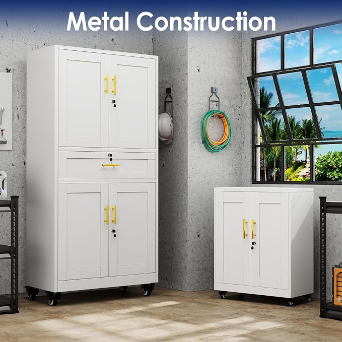 erosoei 75" H Metal Garage Storage Cabinet, Rolling Tool Cabinet | with 2 Doors and Wheels, Locker Steel Cabinet with 4 Adjustable Shelves and Drawer, Organization Cabinet for Garage,Gym