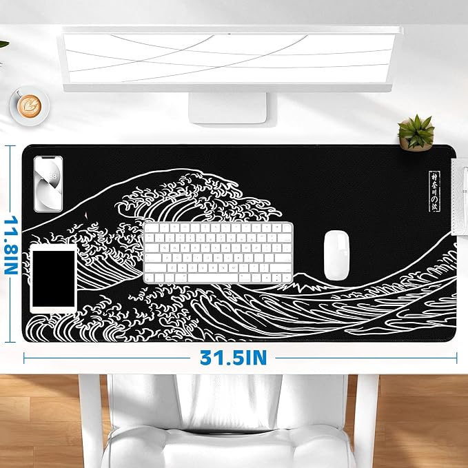Gaming Desk Mat with Silky Smooth Surface & Exquisite Patterns,31.5x11.8 Inches Large-Sized Mouse Pad, Perfect for Extended Gaming,Work,and Home Office Decor (Kanagawa Waves 3)