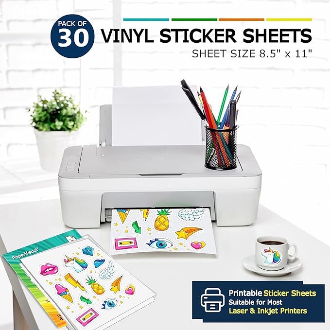 Premium Printable Vinyl Sticker Paper for Inkjet and Laser Printer - 30 White Matte Sticker Paper Waterproof - Excellent Adhesion Paper 8.5 x 11, Fast Dry, Holds Ink Well, Great for Cutting Machines