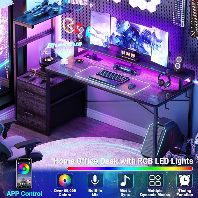 Aheaplus Gaming Desk with LED Strip & Power Outlet, 59Inch Reversible Computer Desk with Monitor Stand & Storage Shelves, Home Office Desks with Fabric File Drawer, Gamer Table PC Desk, Black Oak