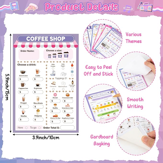 TICIAGA Kids Pretend Play Notepads - 10PCS Pink 4x6 In Playtime Pad Included Bakery Nail Salon Vet Doctor Visit Coffee Notepad 30 Page Pretend Notebook Imaginative Role for Toddler Kid Play Game, Girl