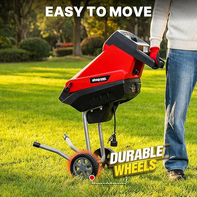Shop-Vac Electric Wood Chipper, 15-Amp Wood Chipper Shredder with 45L Collection Bag and Push Paddle, Double-Sided Blade, 1-3/4 Inch Cutting Diameter for Yard Debris, Branches, and Leaves