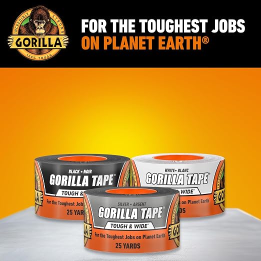 GORILLA Tough & Wide Heavy Duty Duct Tape, Silver, 2.88" x 25 yd, 1-Pack | Weather Resistant, Indoor & Outdoor Use, Double-Thick Adhesive, Reinforced Backing, Hand-Tearable