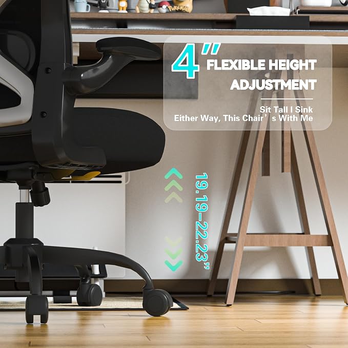 Ergonomic Home Office Chair, 4-Way Lumbar, Thick Cushion, 330LBS | Adjustable Lumbar (up/down/in/out), Rocking Mesh Back, Flip-up Arms, Easy Assembly, Ideal for home offices & small workspaces
