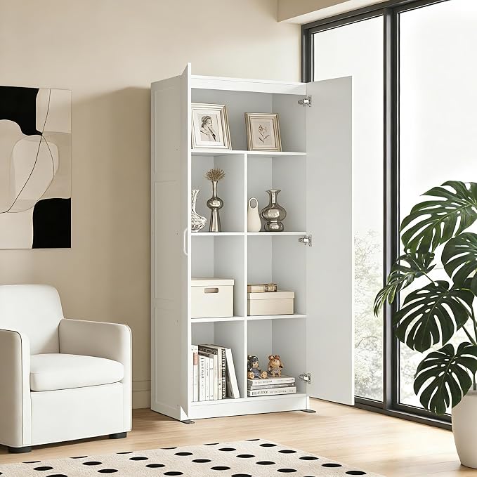 DUMOS Tall Storage Cabinet with Doors and Shelves, Kitchen Pantry Cabinet | 71'' Wood Storage Freestanding Wooden Cabinets for Bedroom, Pantry, Home Office, Dining Room & Living Room, White