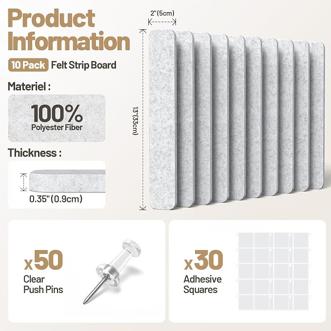 10 Pack 13"x2" Cork Board Strip with Removable Adhesive Squares & Push Pins | Pin Board Alternative Felt Strip Bulletin Board, Felt Board for Photo & Note Display, Home Office Decor - Gray