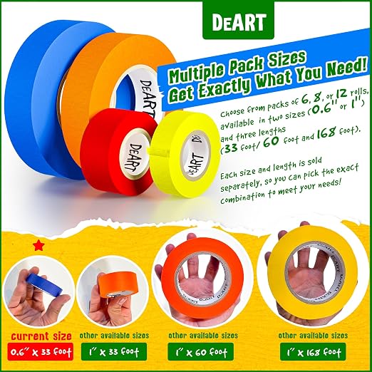 DEART 12PCS Colored Masking Tape, Kids Art Supplies, DIY Craft Tape, Colored Tape Rolls, Colored Painters Tape, 1.7cm x 10m (2/3In x 11Yards) for Labeling Coding Rolls Washi Scale Scrapbook Lab Tape