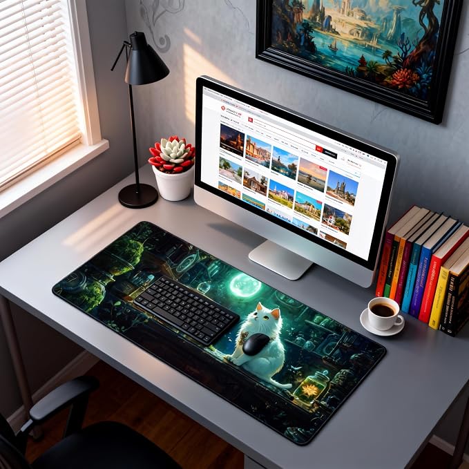 Cute Anime White Cat Gaming Mouse Pad, Forest Green Mystical Desk Mat with Anti-Slip Base & Stitched Edges, Office & Home Desk Decor for Women, 35.4" x 15.7" in Computer Desktop Mat
