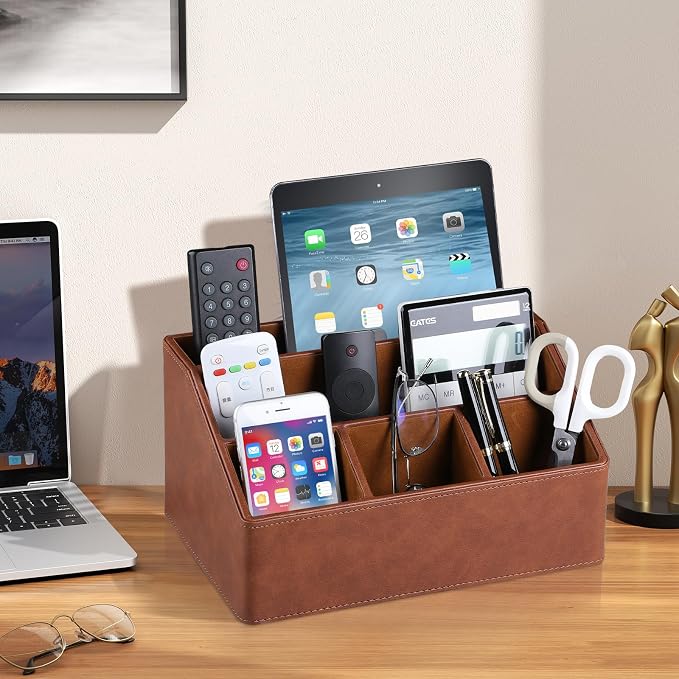 PU Leather Desk Organizer, Remote Control Holder, Brown | Luxury Nightstand Organizer for Home, Office Desk Accessories, Bedside Table Caddy with 5 Compartments, Velvet Lining