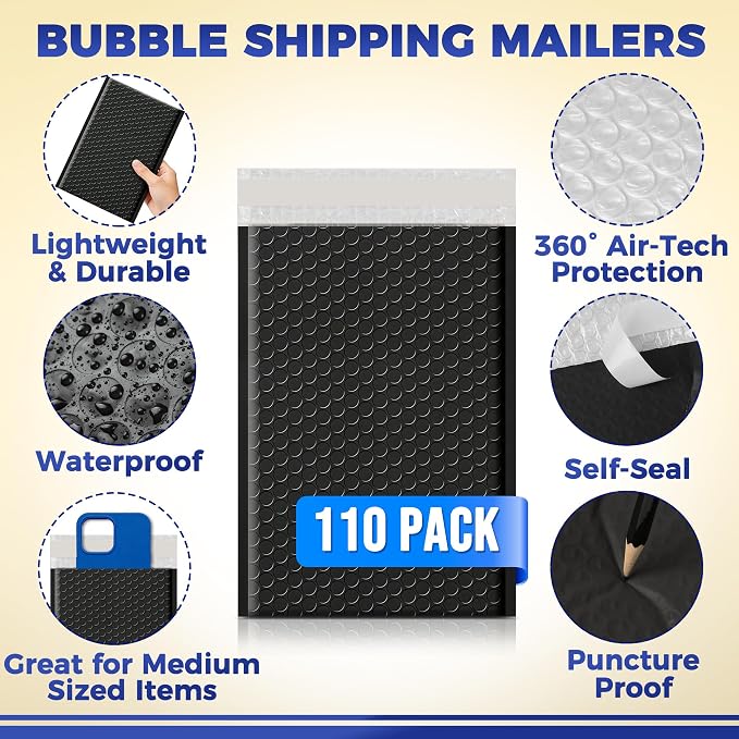 110 Pack 6’’ x 10’’ Bubble Mailer - Self-Sealing Waterproof Small Mailing Envelopes Padded Lightweight Bags 6 x 9 Usable Space for Apparel Accessories, Phone Cases, Trading & Greeting Cards, Prints