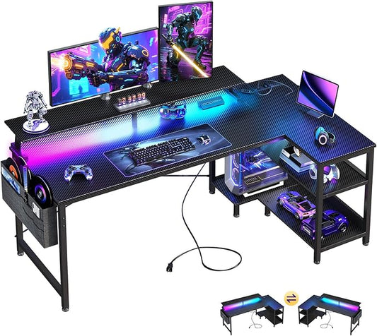 ODK 58 Inch Gaming Desk with USB Charging Ports and LED Lights, Reversible L Shaped Computer Desk with Storage Shelves & Monitor Stand, Corner Gamer Desk Table with Power Outlets, Black
