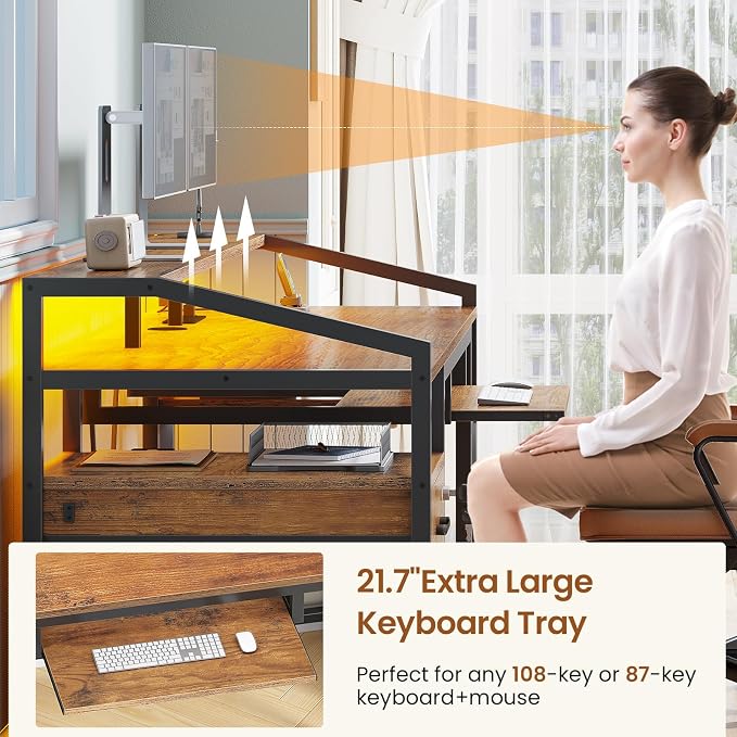SEDETA 63" Computer Desk, Office Desk with Lock Drawers for Legal/Letter File, Gaming Desk with LED Light & Power Outlet, Home Office Desks for Printer, Rustic Brown